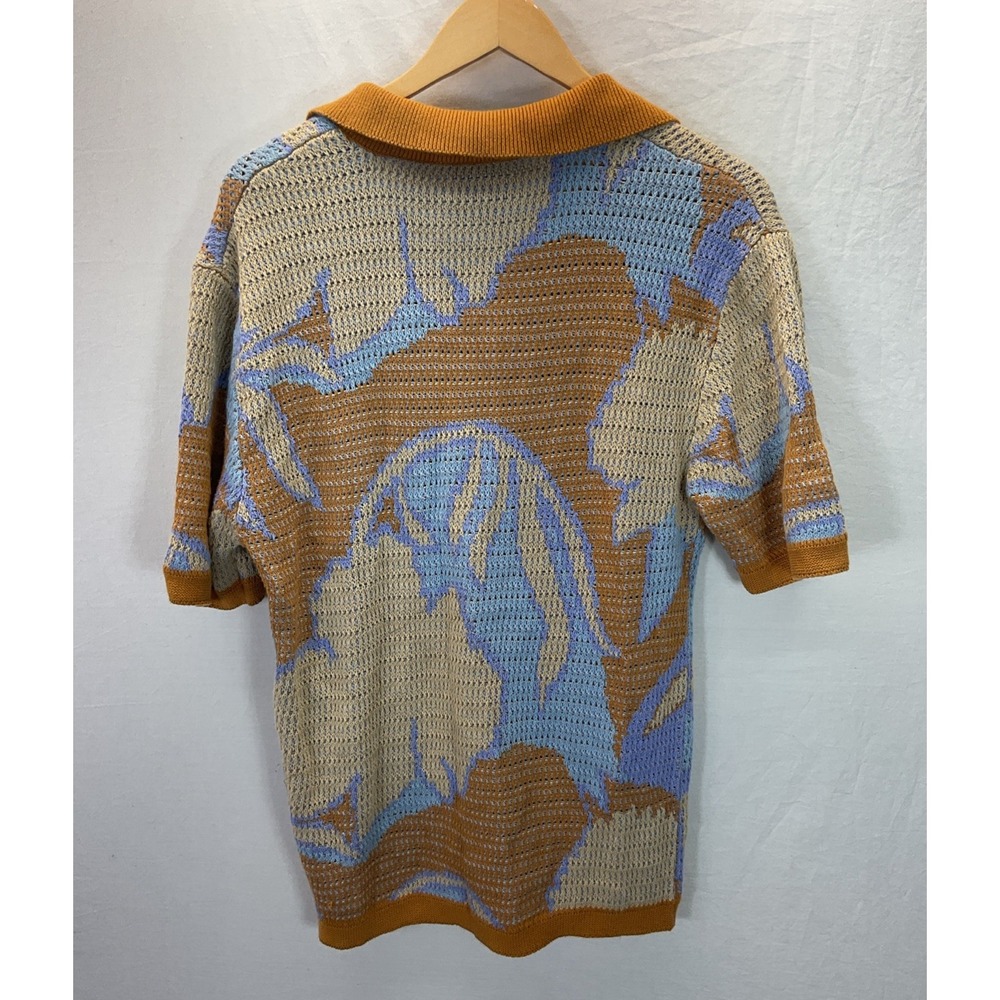 Massive Luxury Open Weave Knit Polo Button Up Men's Size L Blue Brown Resort - Picture 2 of 8